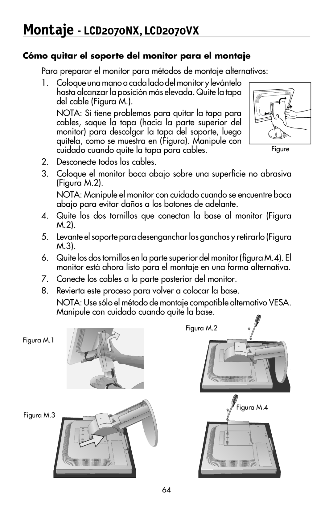 NEC LCD2170NX user manual Montaje LCD2070NX, LCD2070VX, Cómo quitar el soporte del monitor para el montaje 