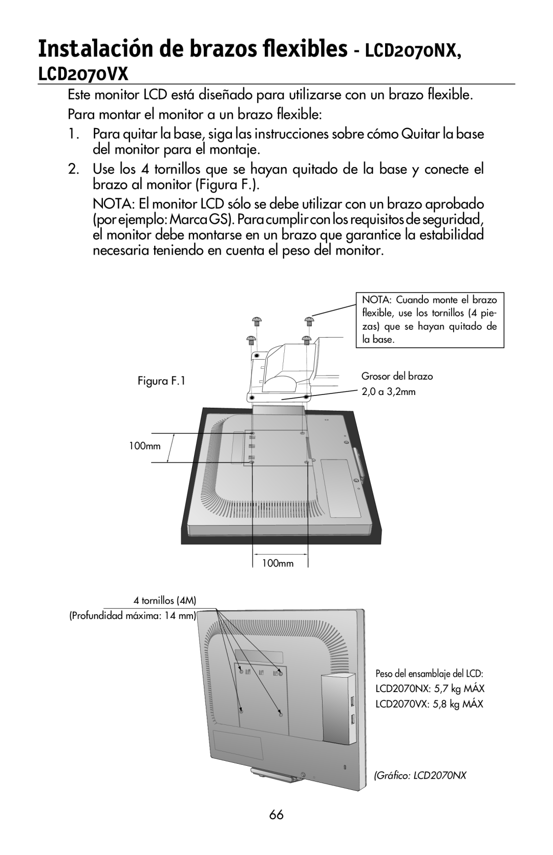 NEC LCD2070VX, LCD2170NX user manual Instalación de brazos flexibles LCD2070NX 