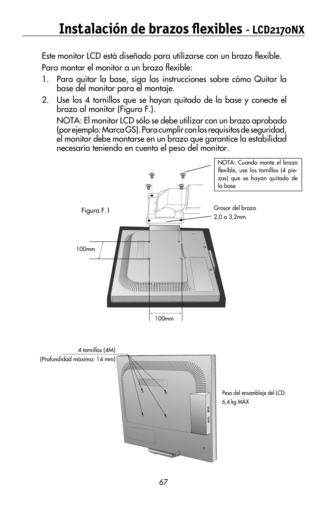 NEC LCD2070VX user manual Instalación de brazos flexibles LCD2170NX 