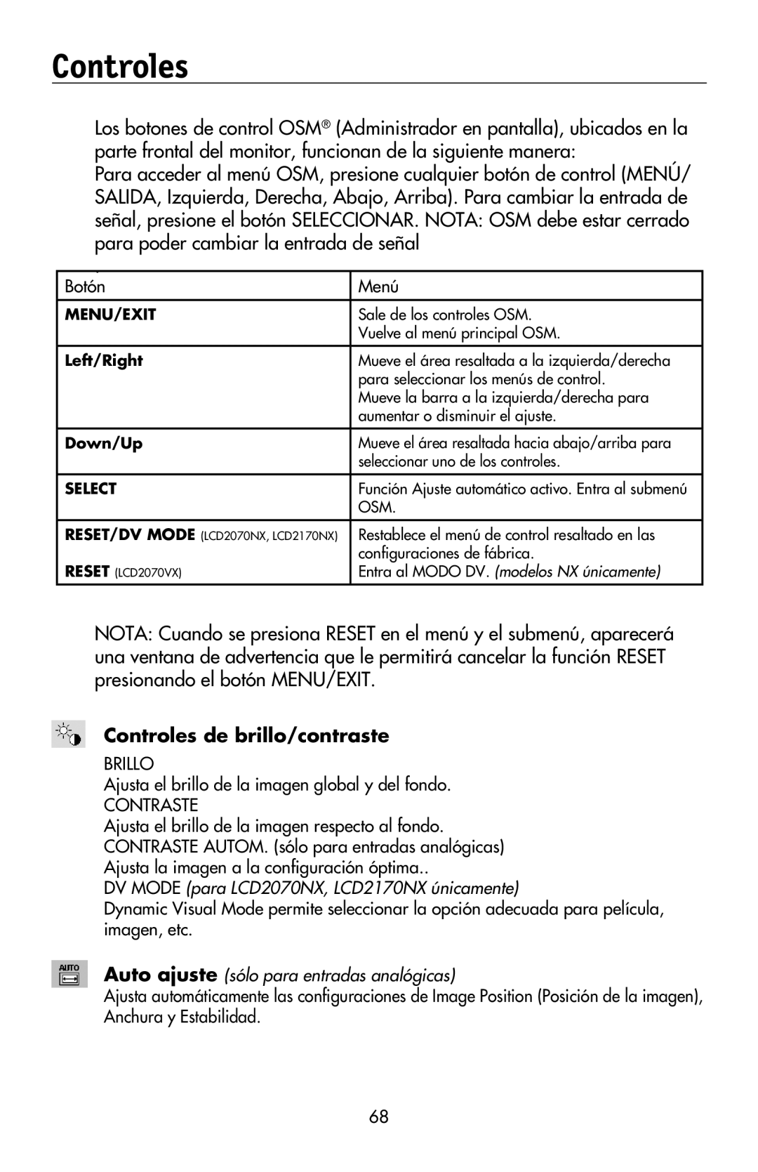 NEC LCD2070VX, LCD2170NX user manual Controles de brillo/contraste 