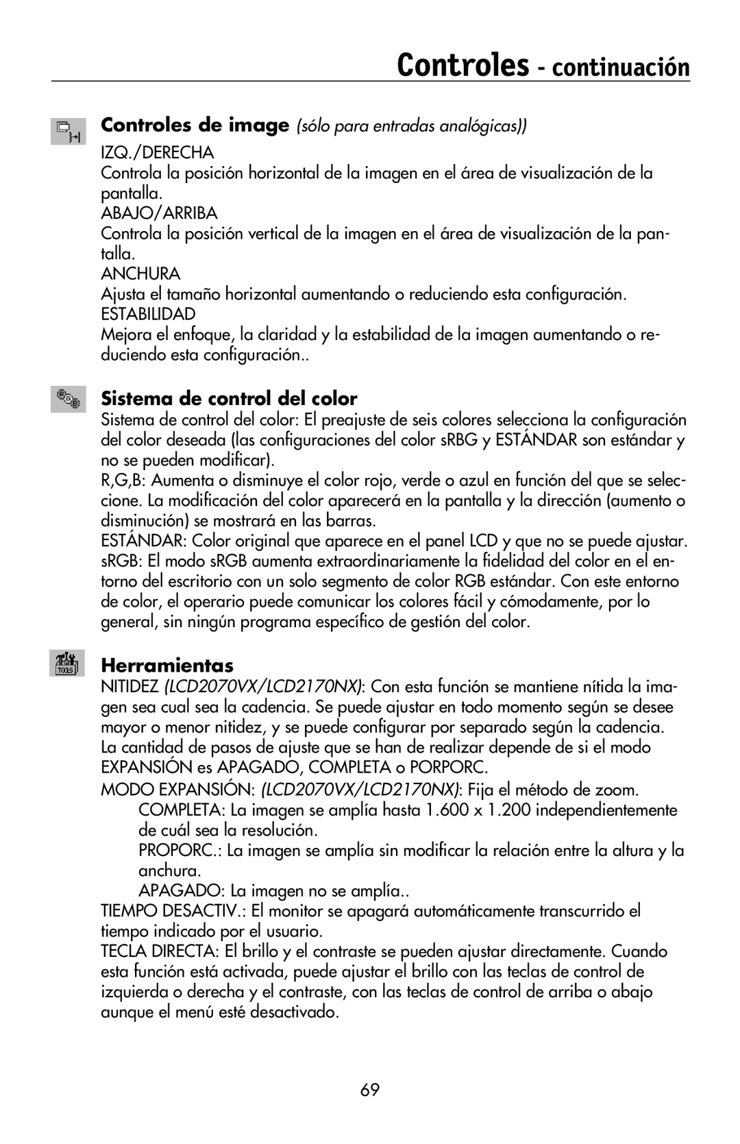 NEC LCD2170NX, LCD2070VX user manual Controles continuación, Sistema de control del color, Herramientas 