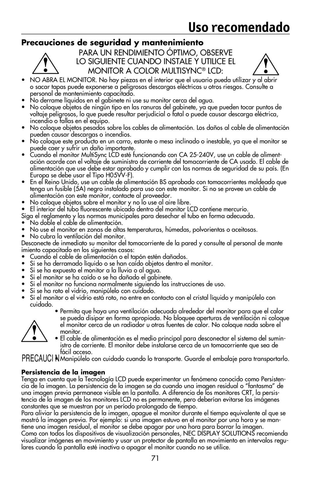 NEC LCD2170NX, LCD2070VX user manual Uso recomendado, Precauciones de seguridad y mantenimiento 