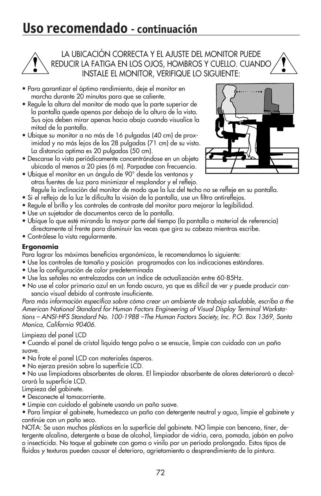 NEC LCD2070VX, LCD2170NX user manual Uso recomendado continuación, Ergonomía 