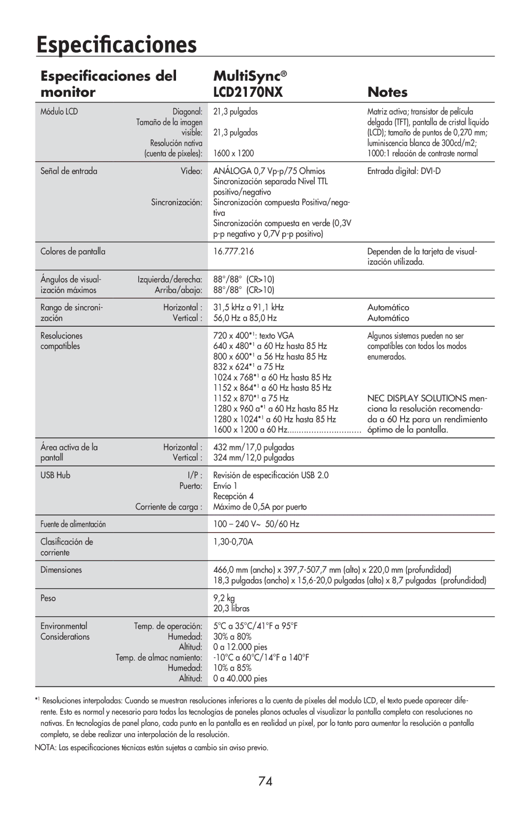 NEC LCD2070VX, LCD2170NX user manual Especificaciones, Módulo LCD Diagonal 21,3 pulgadas 