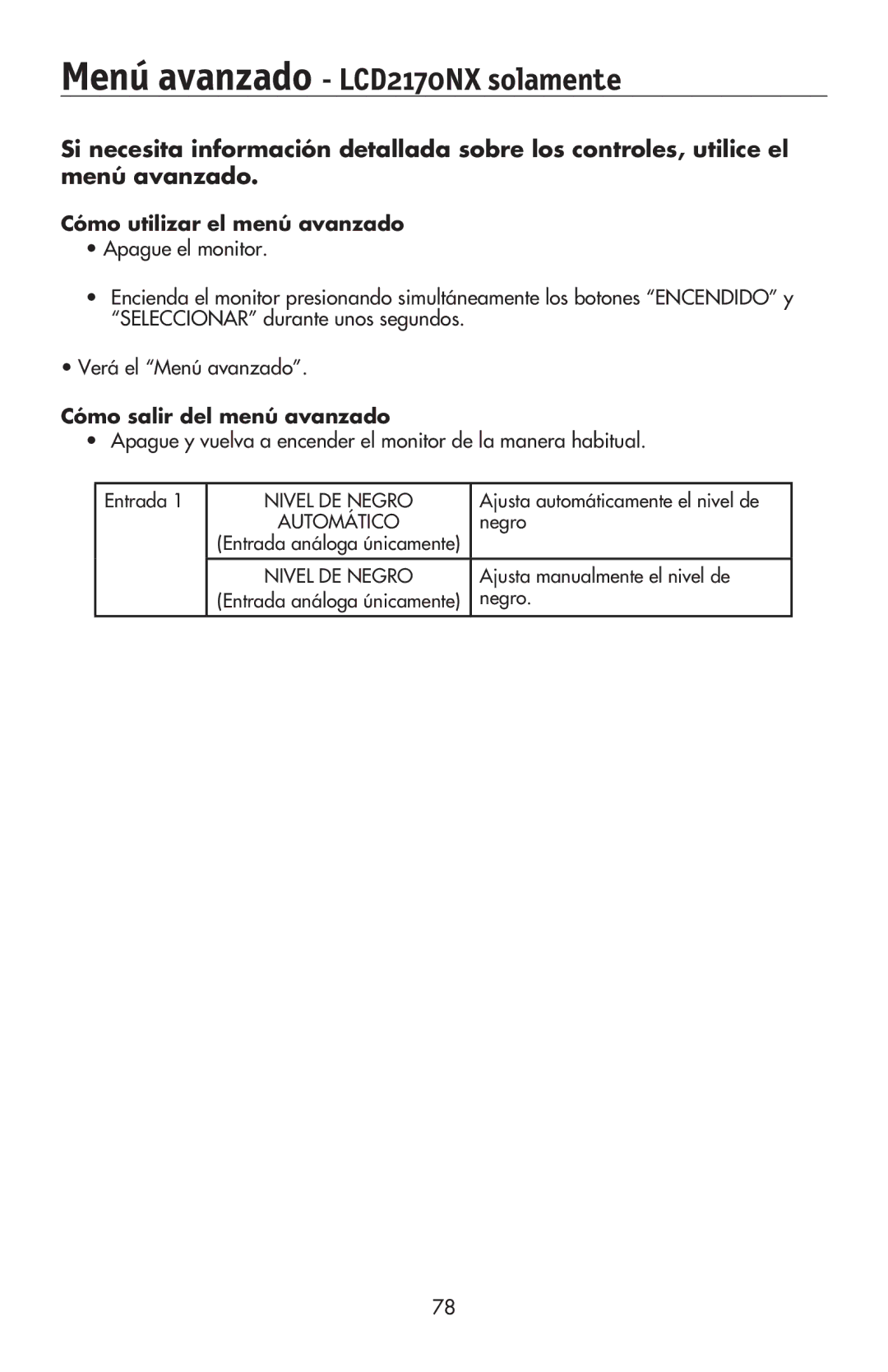 NEC LCD2070VX user manual Menú avanzado LCD2170NX solamente, Cómo utilizar el menú avanzado 