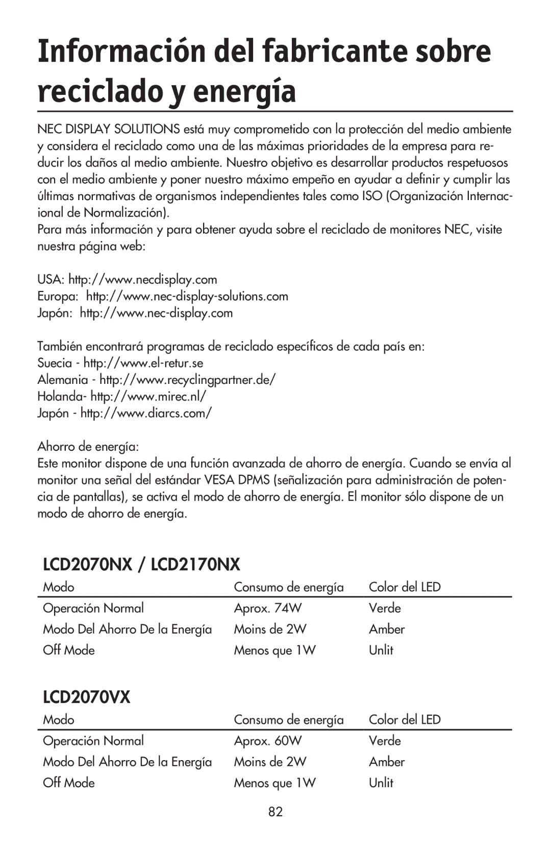 NEC LCD2070VX, LCD2170NX user manual Información del fabricante sobre reciclado y energía 