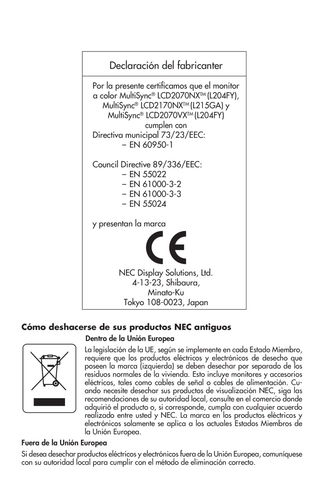 NEC LCD2170NX, LCD2070VX user manual Declaración del fabricanter, Cómo deshacerse de sus productos NEC antiguos 