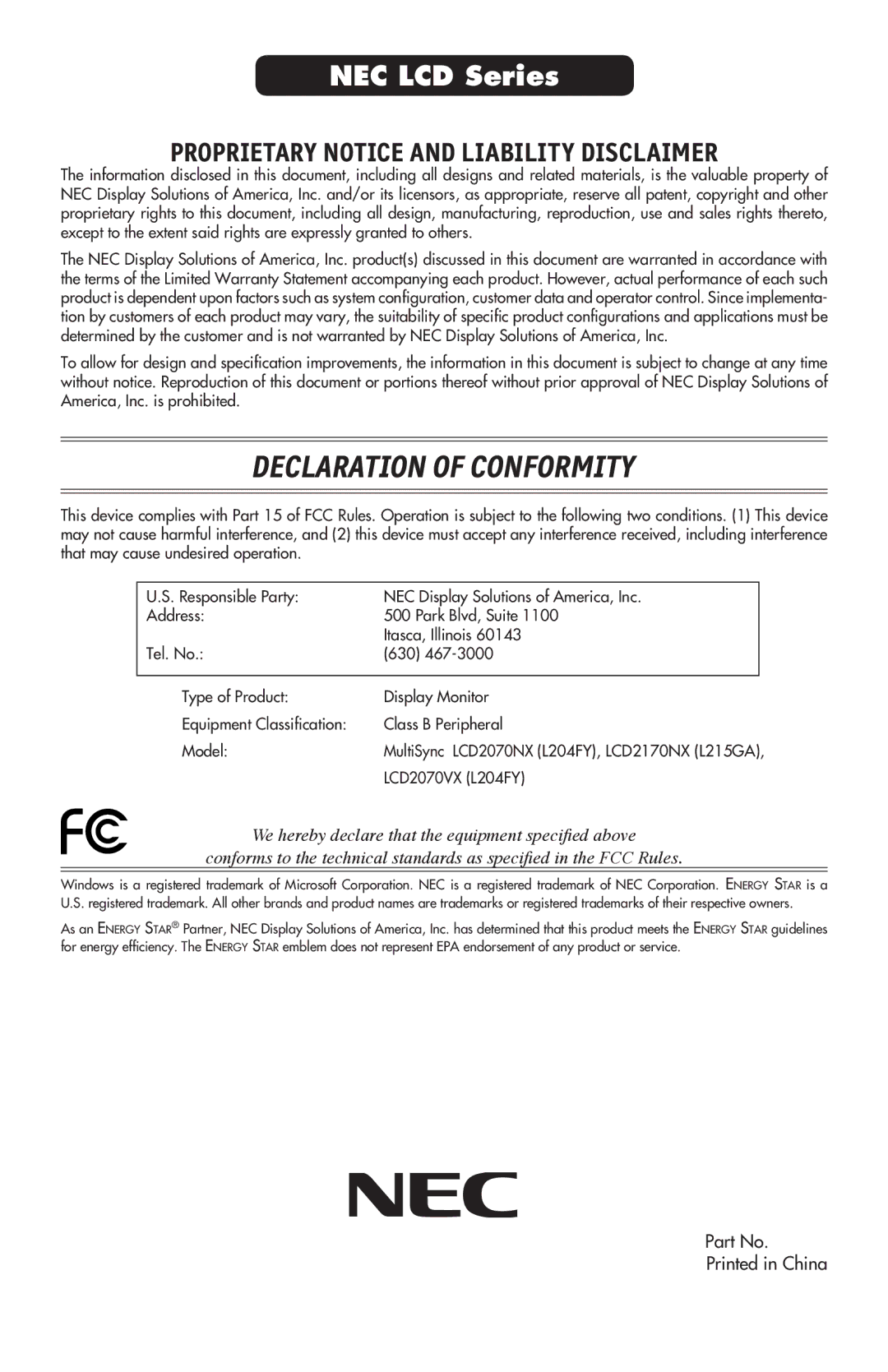 NEC LCD2170NX, LCD2070VX user manual Declaration of Conformity 