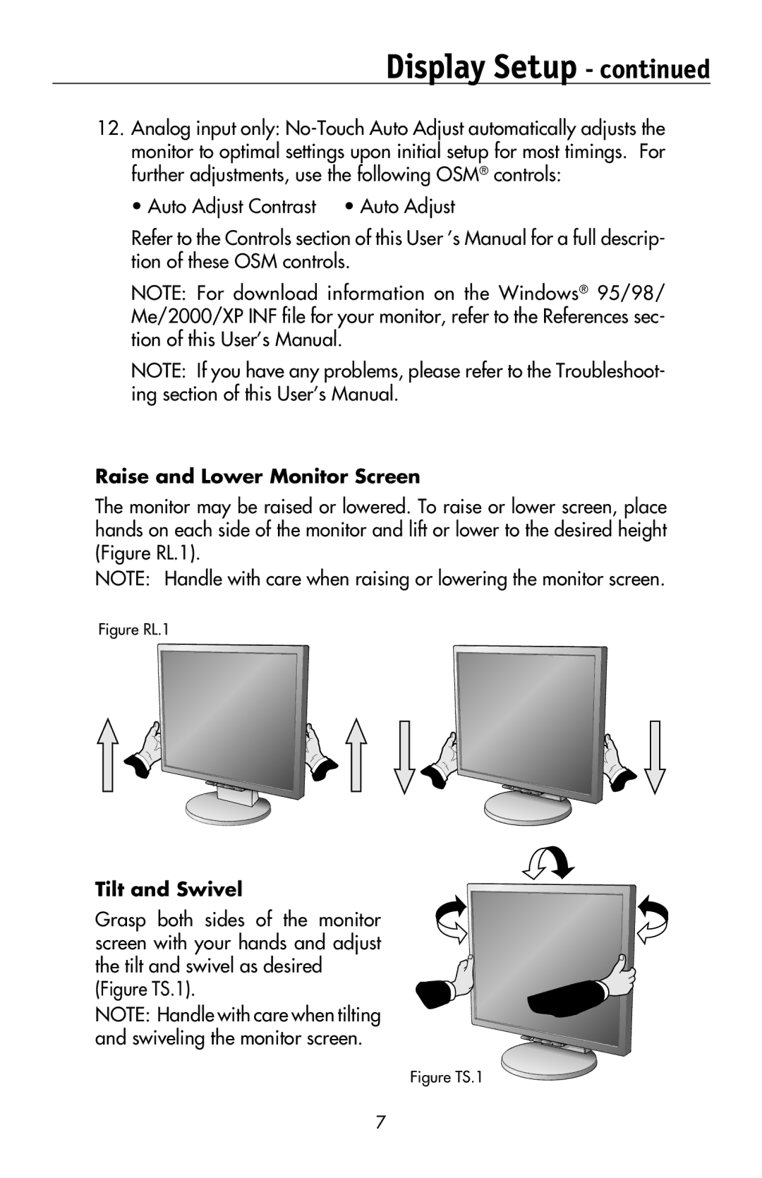 NEC LCD2170NX, LCD2070VX user manual Raise and Lower Monitor Screen, Tilt and Swivel 