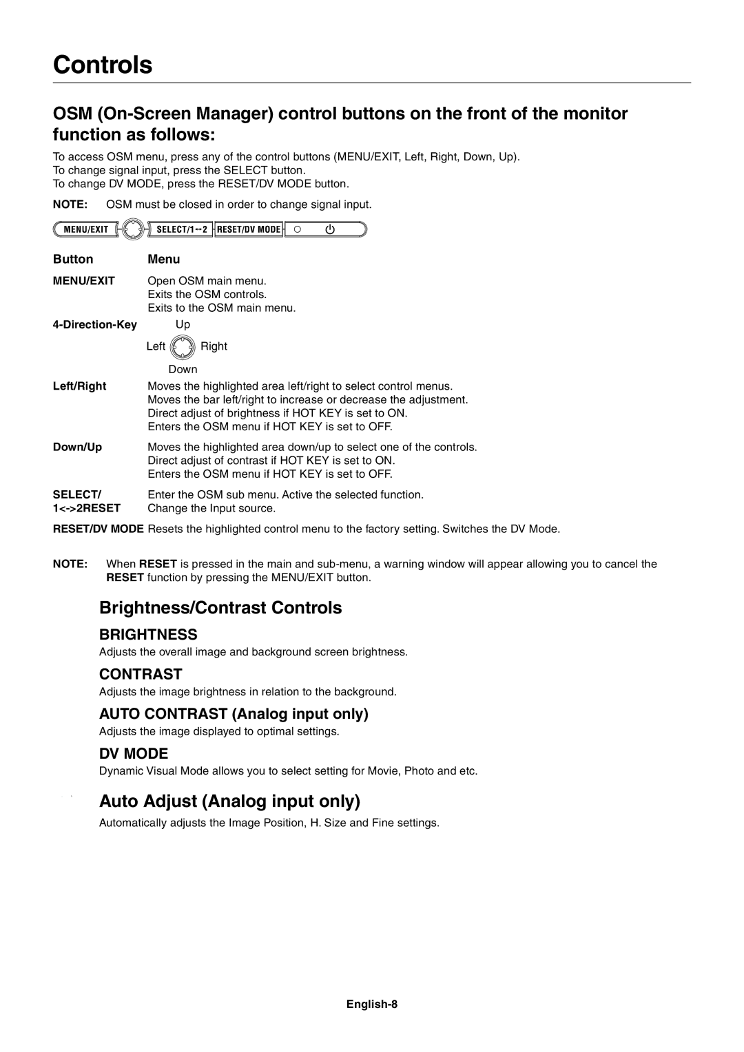 NEC LCD2070WNX user manual Brightness/Contrast Controls, Auto Adjust Analog input only 