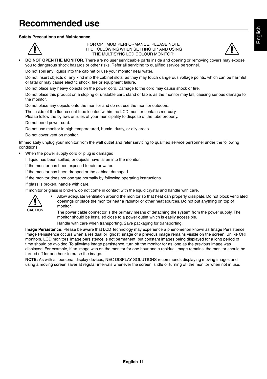 NEC LCD2070WNX user manual Recommended use, Safety Precautions and Maintenance, English-11 