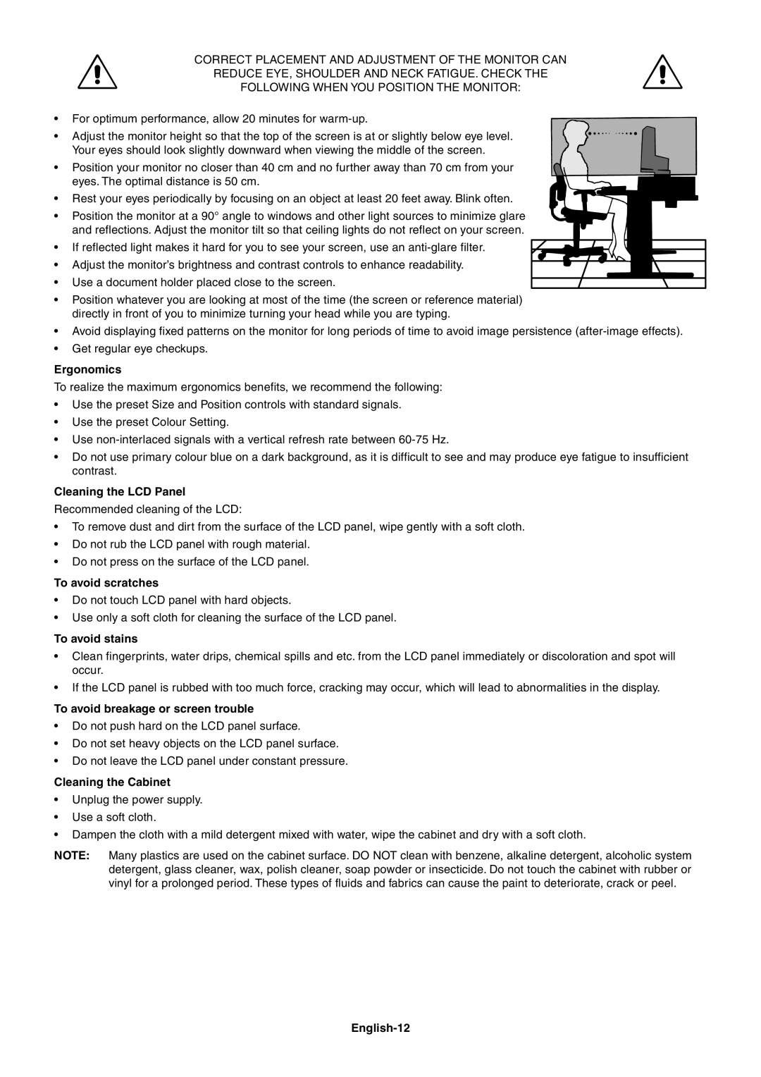 NEC LCD2070WNX Ergonomics, Cleaning the LCD Panel, To avoid scratches, To avoid stains, Cleaning the Cabinet, English-12 