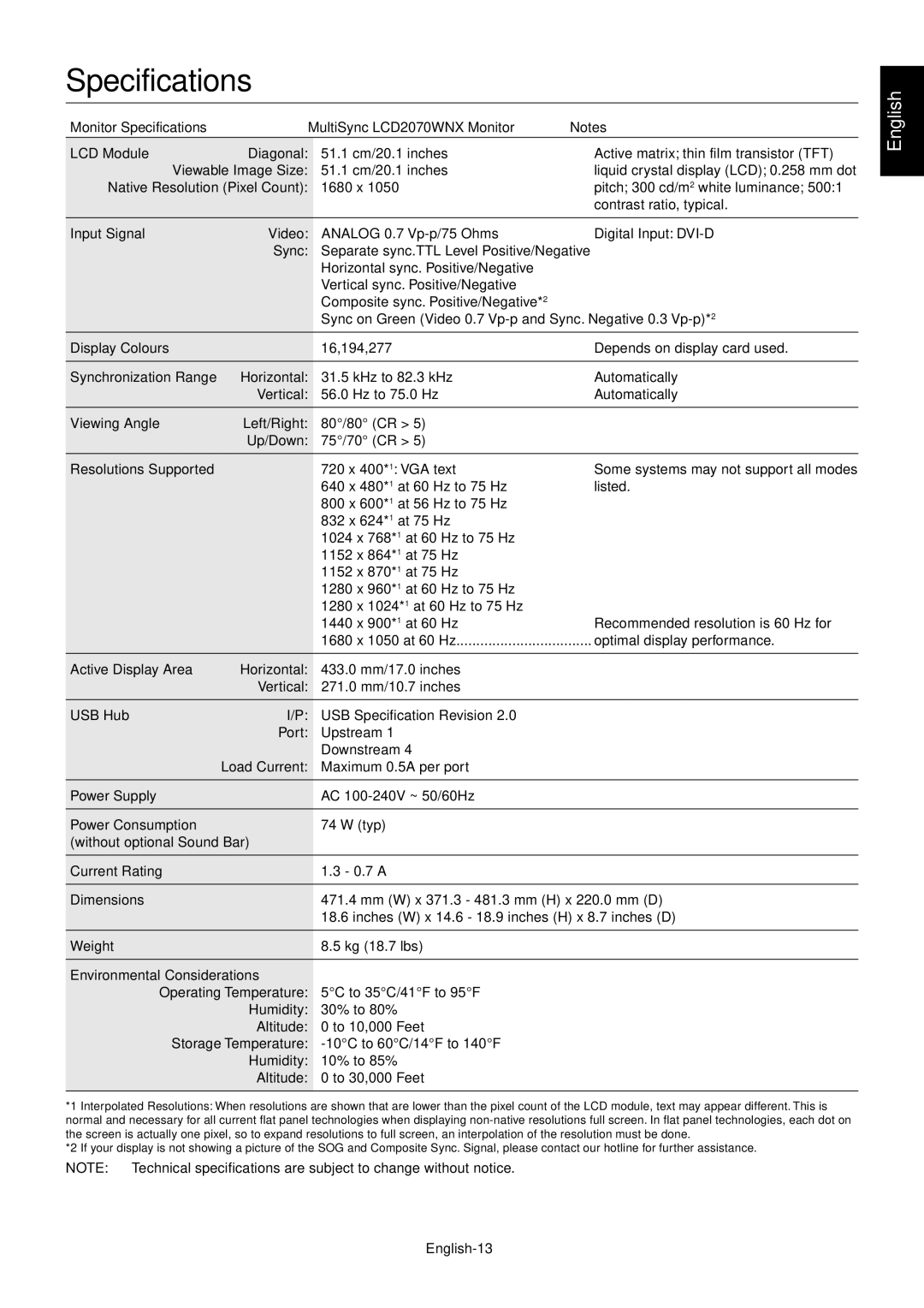 NEC user manual Monitor Specifications MultiSync LCD2070WNX Monitor, English-13 