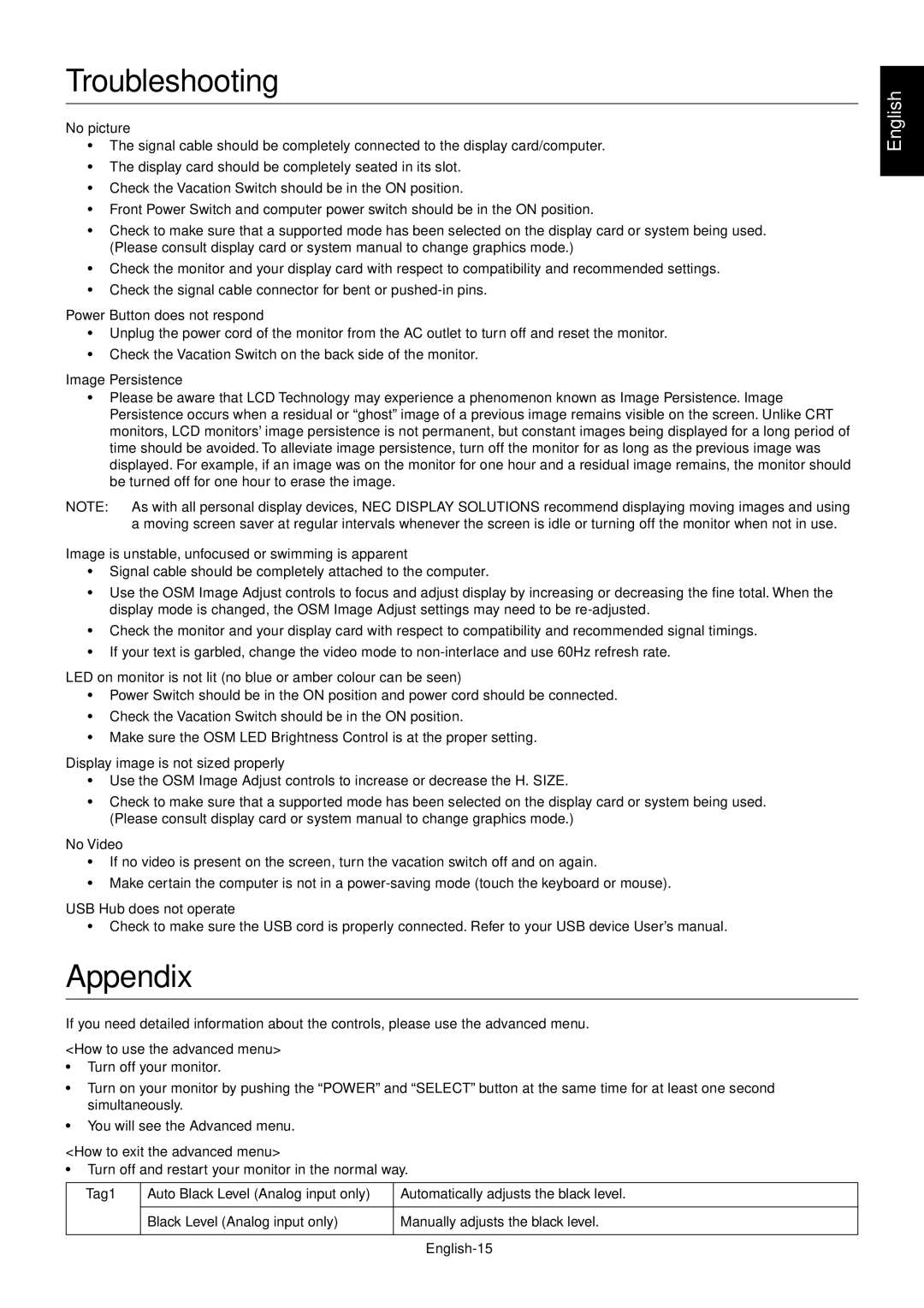 NEC LCD2070WNX user manual Troubleshooting, Appendix 