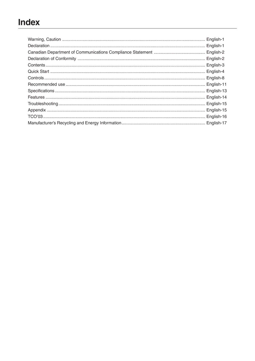 NEC LCD2070WNX user manual Index, English-17 