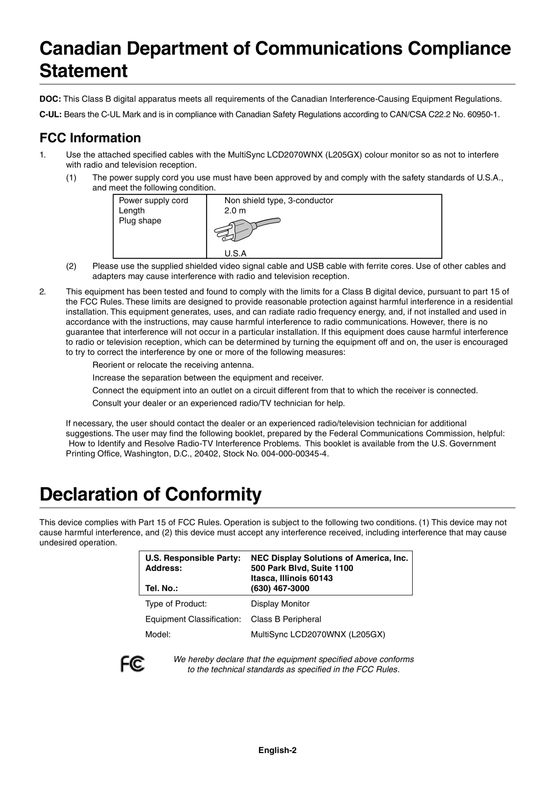 NEC LCD2070WNX Canadian Department of Communications Compliance Statement, Declaration of Conformity, FCC Information 