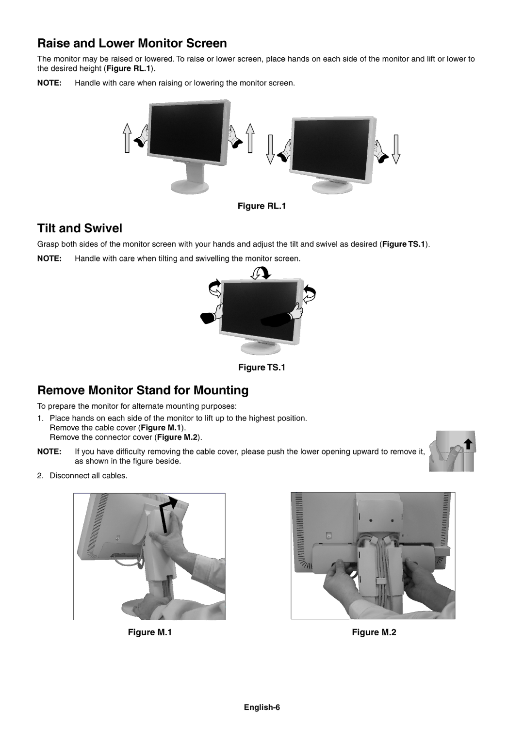 NEC LCD2070WNX user manual Raise and Lower Monitor Screen, Tilt and Swivel, Remove Monitor Stand for Mounting, English-6 