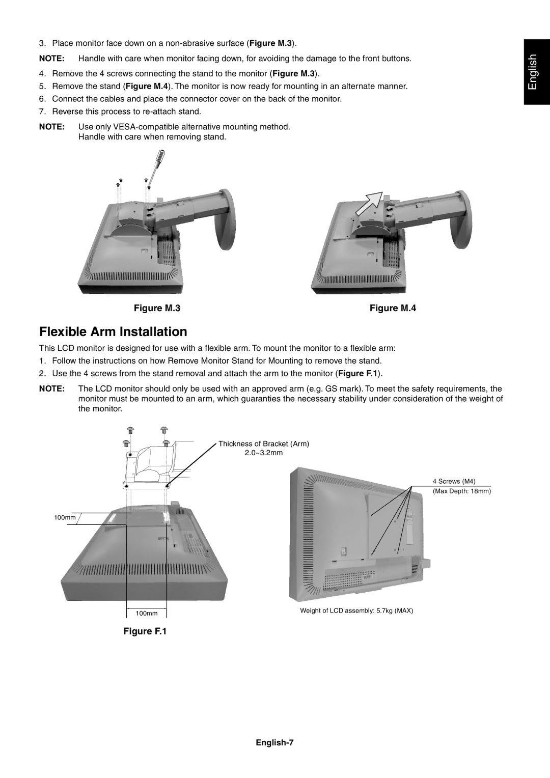 NEC LCD2070WNX user manual Flexible Arm Installation, English-7 