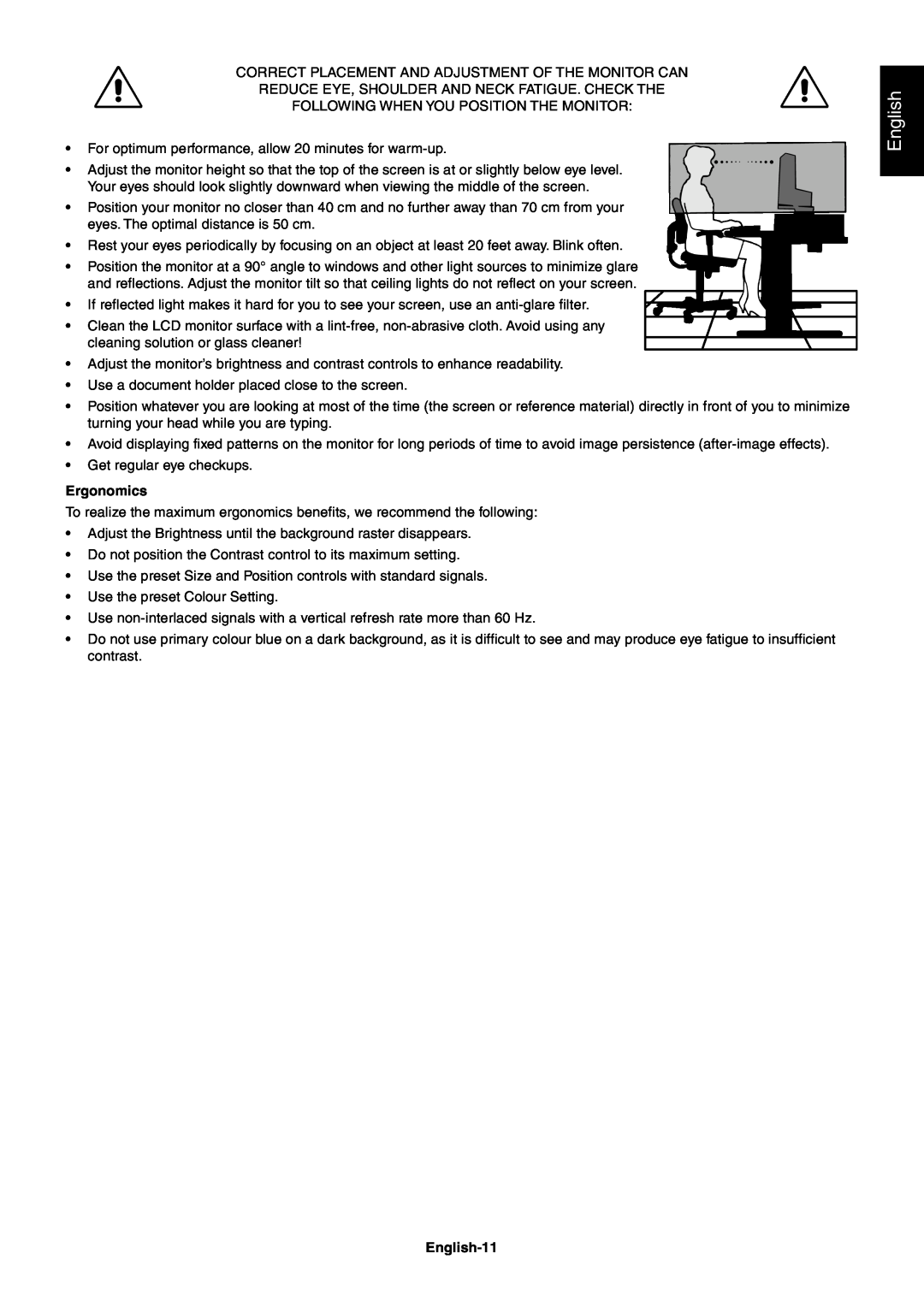 NEC LCD2080UX+ user manual Ergonomics, English-11 