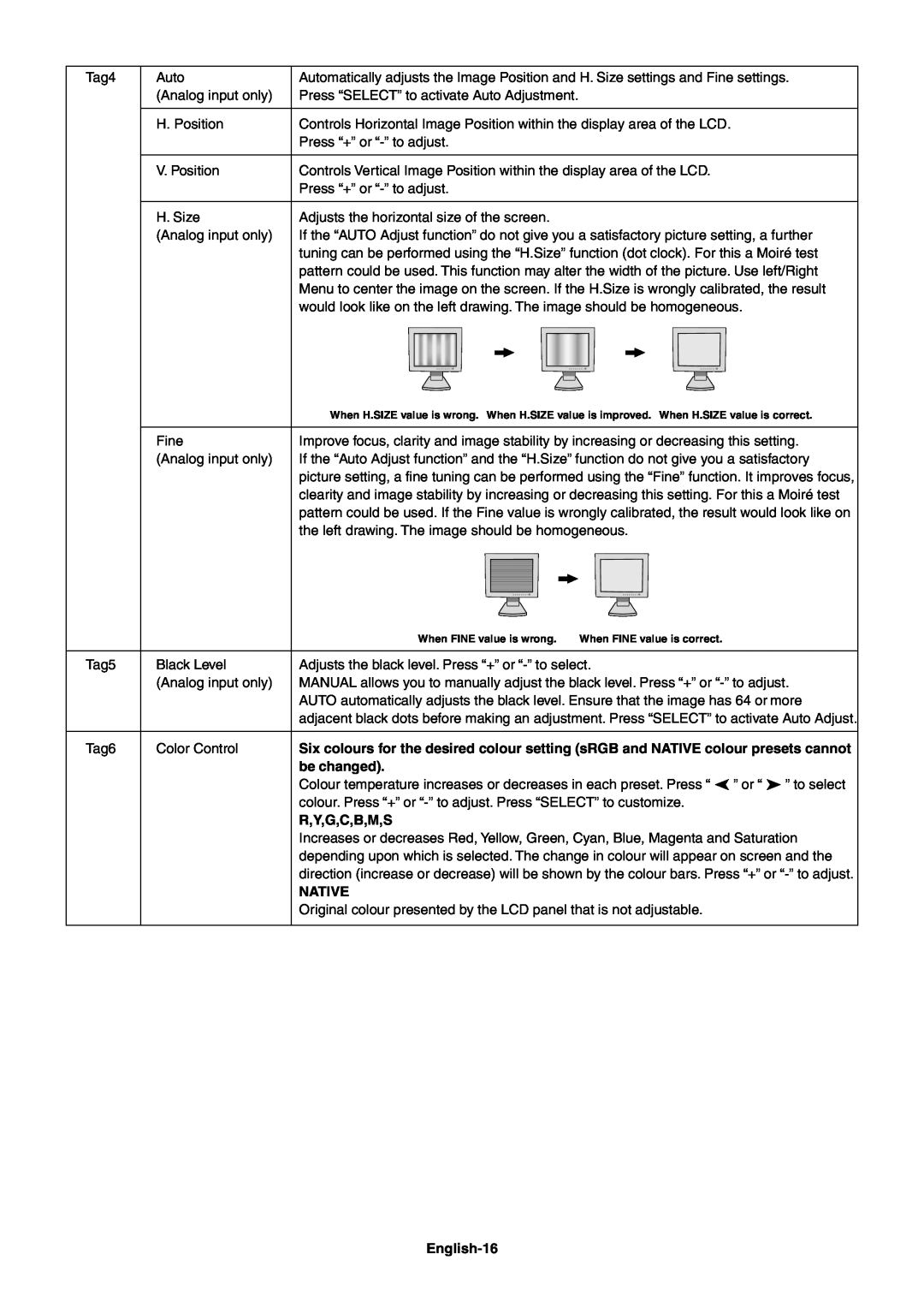 NEC LCD2080UX+ user manual be changed, R,Y,G,C,B,M,S, Native, English-16 