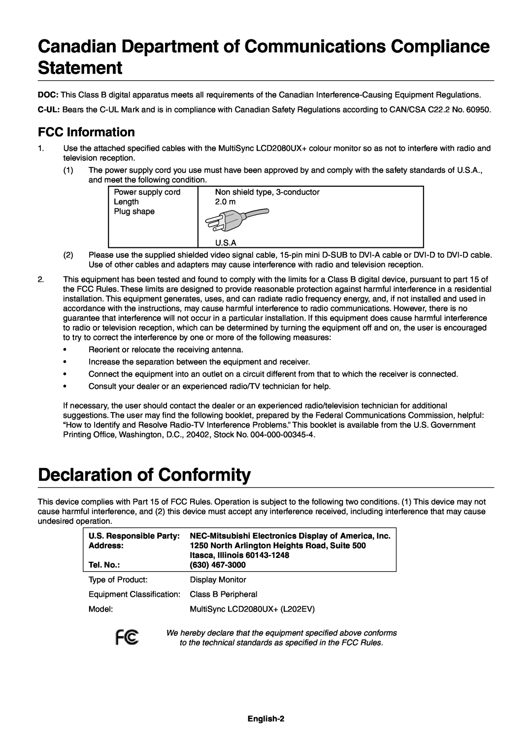 NEC LCD2080UX+ Declaration of Conformity, FCC Information, U.S. Responsible Party, Address, Itasca, Illinois, Tel. No 