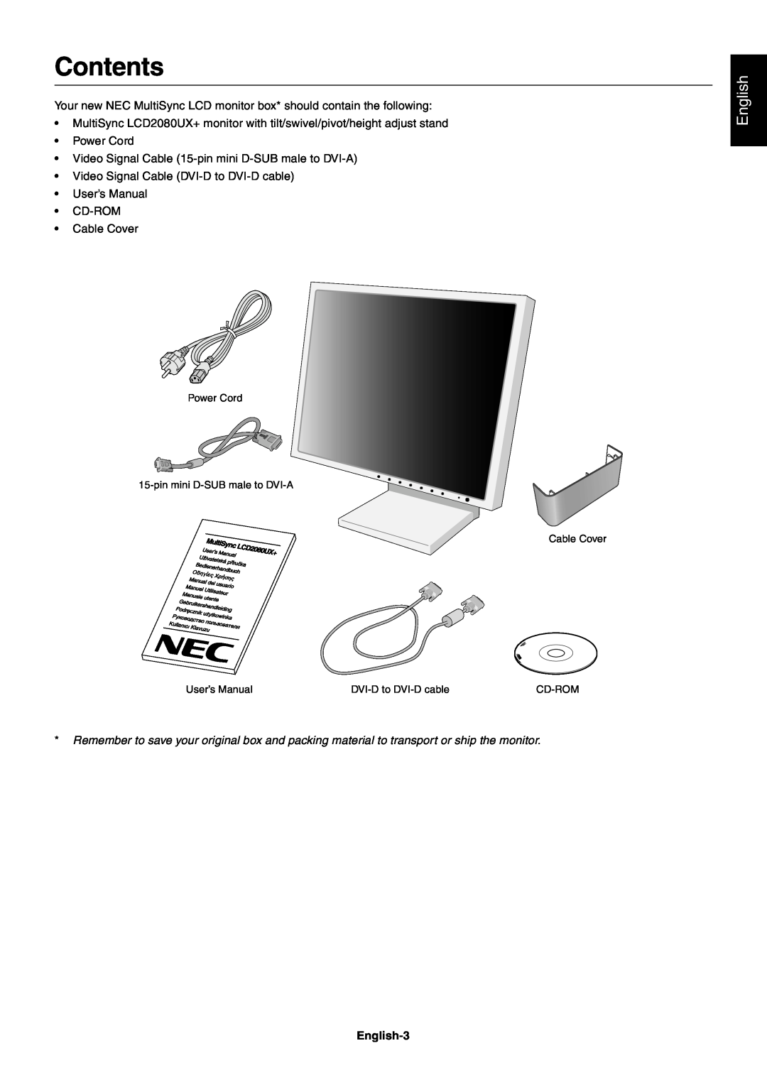 NEC LCD2080UX+ user manual Contents, English-3 
