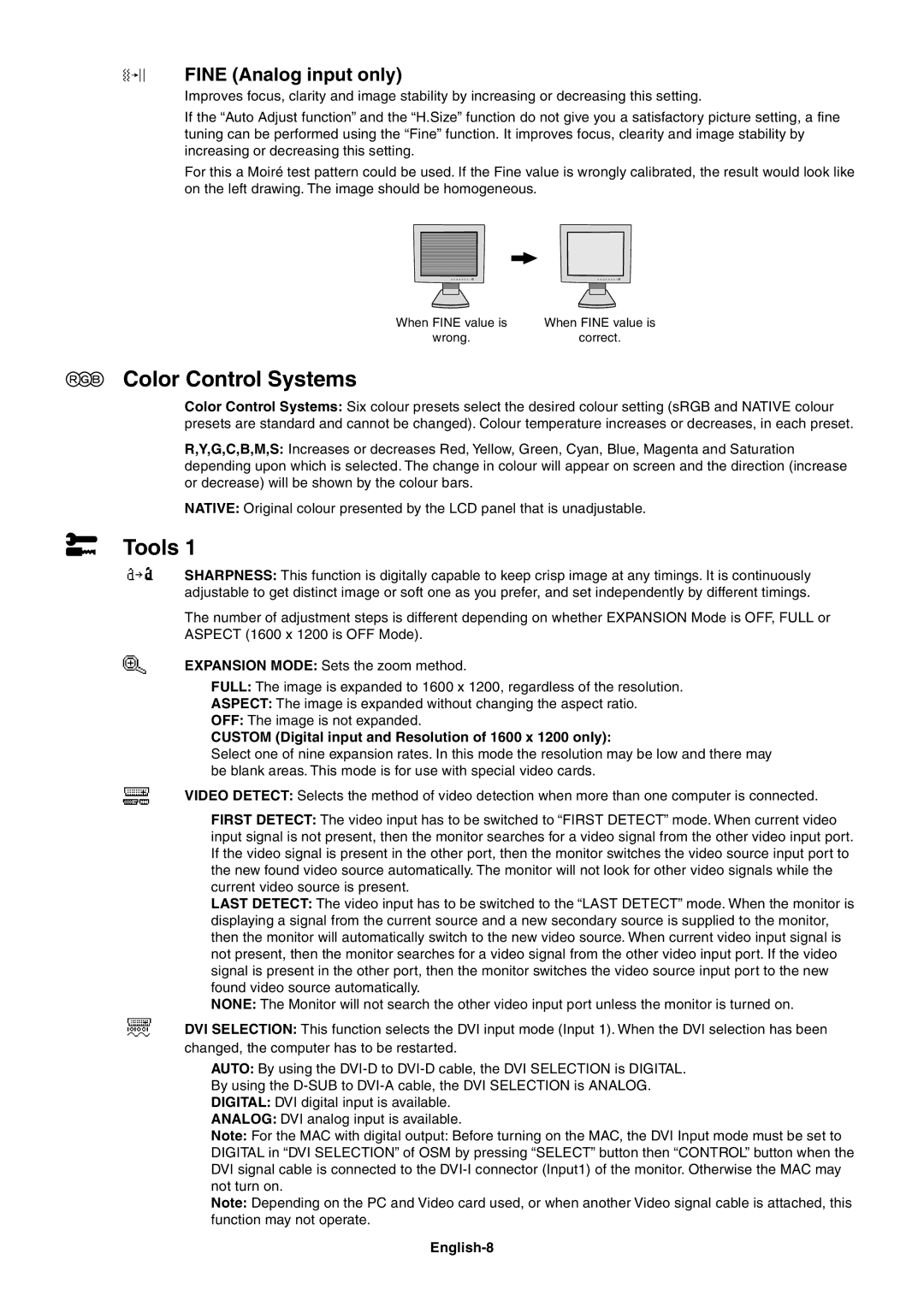 NEC LCD2080UX+ user manual Color Control Systems, Tools, Fine Analog input only, English-8 