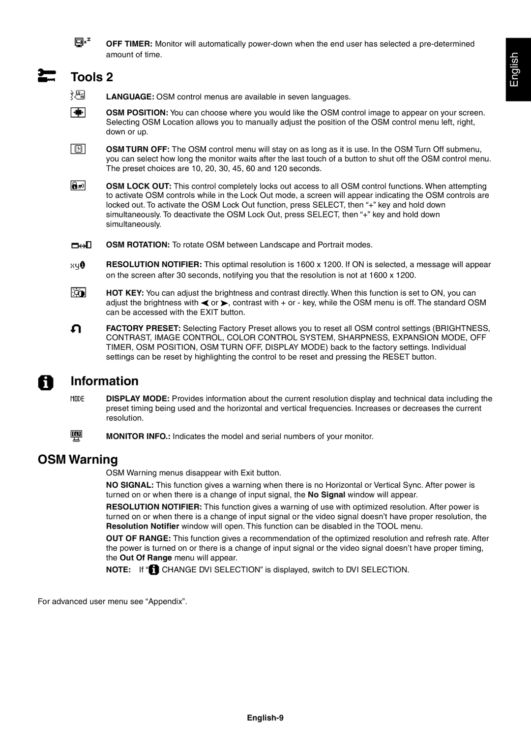 NEC LCD2080UX+ user manual Information, OSM Warning, English-9 