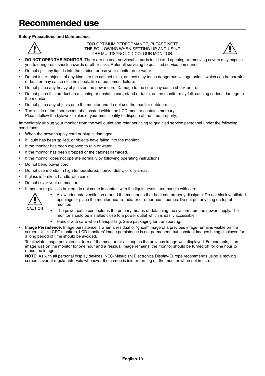 NEC LCD2080UX+ user manual Recommended use, Safety Precautions and Maintenance, English-10 
