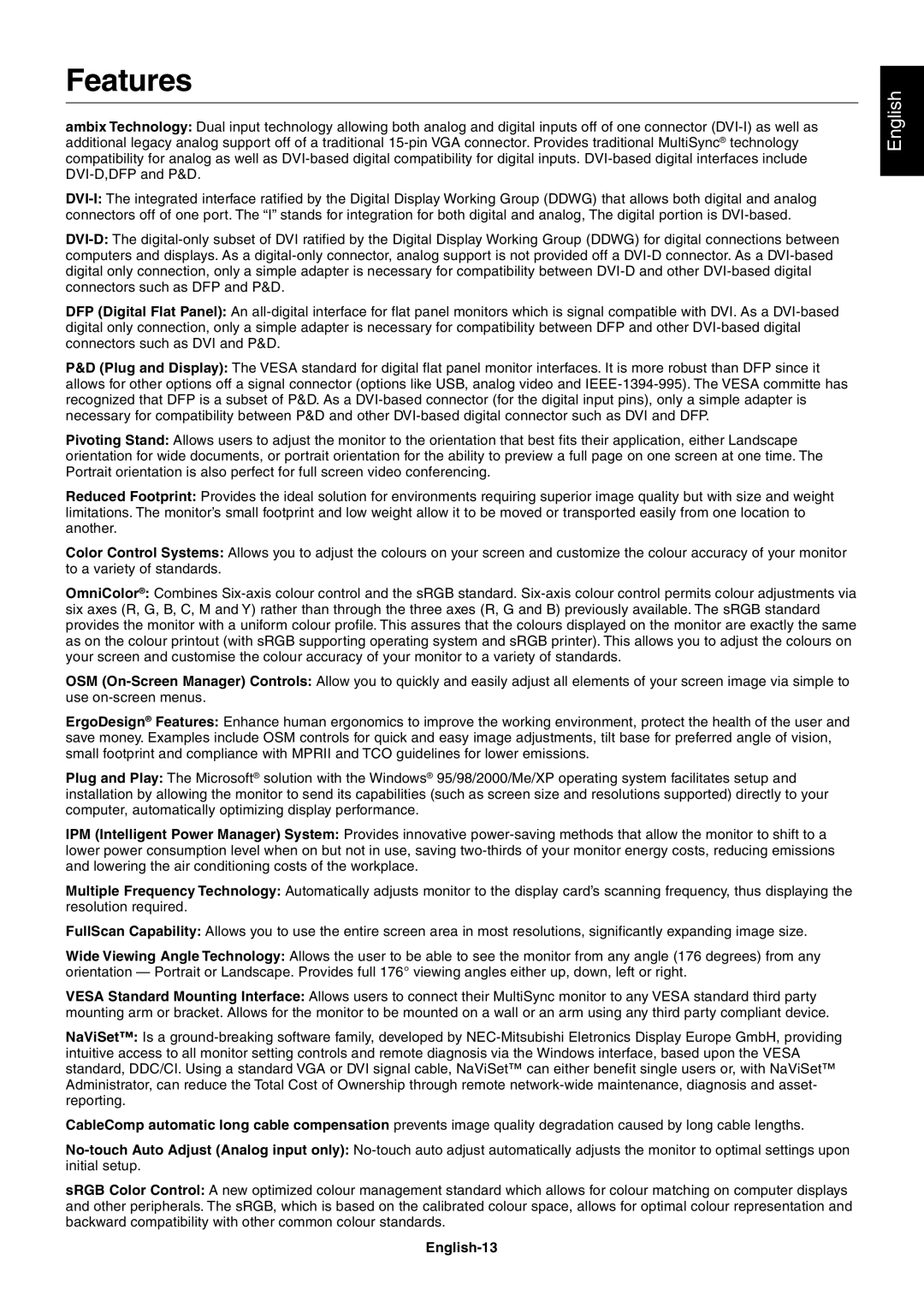 NEC LCD2080UX+ user manual Features, English-13 