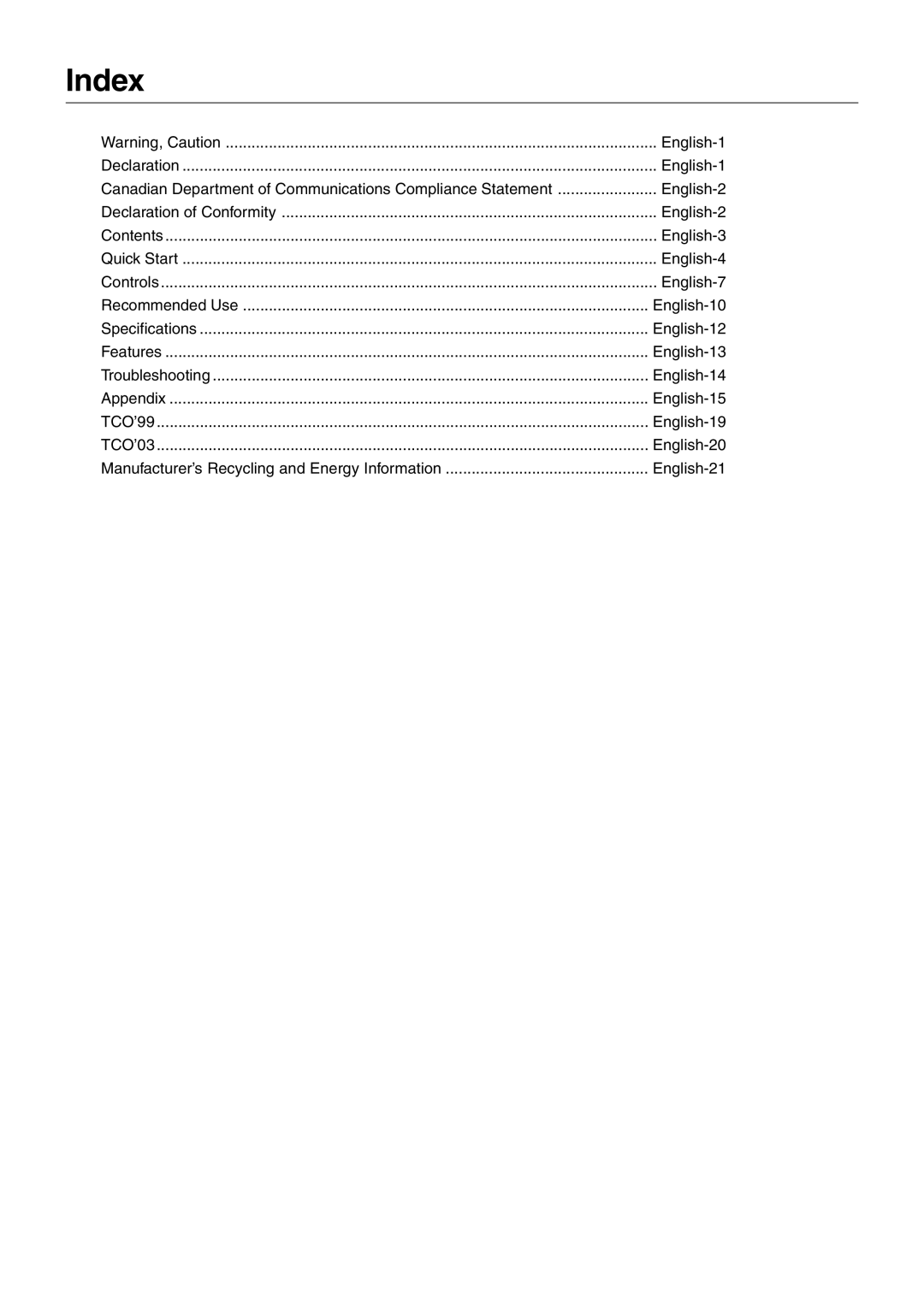 NEC LCD2080UX+ user manual Index, English-21 