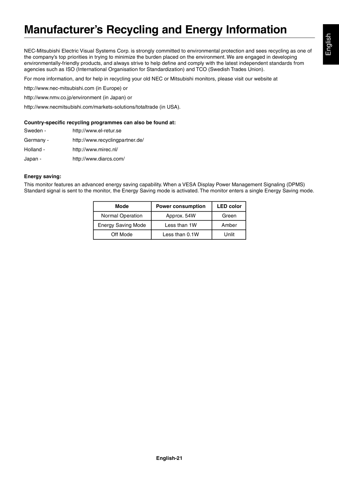 NEC LCD2080UX+ user manual Manufacturer’s Recycling and Energy Information, Mode Power consumption LED color, English-21 