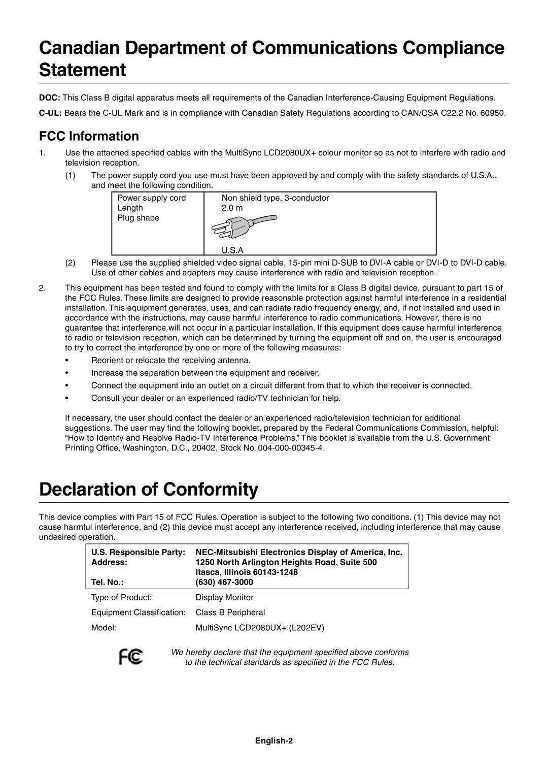 NEC LCD2080UX+ Canadian Department of Communications Compliance Statement, Declaration of Conformity, FCC Information 