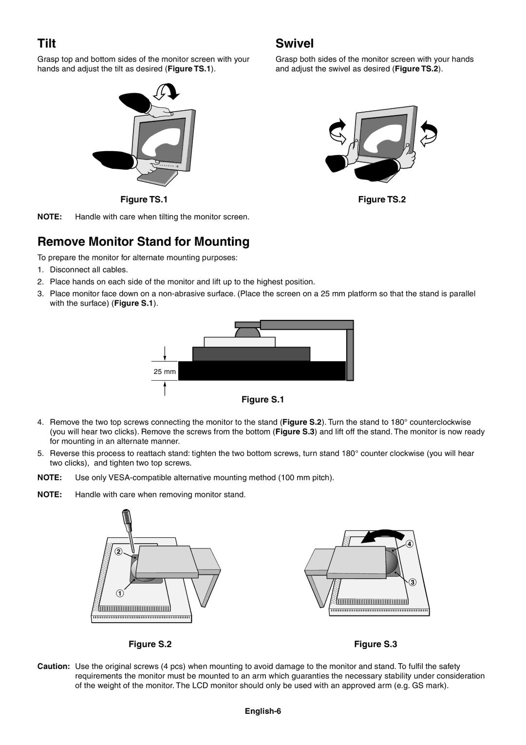 NEC LCD2080UX+ user manual Tilt, Swivel, Remove Monitor Stand for Mounting, English-6 