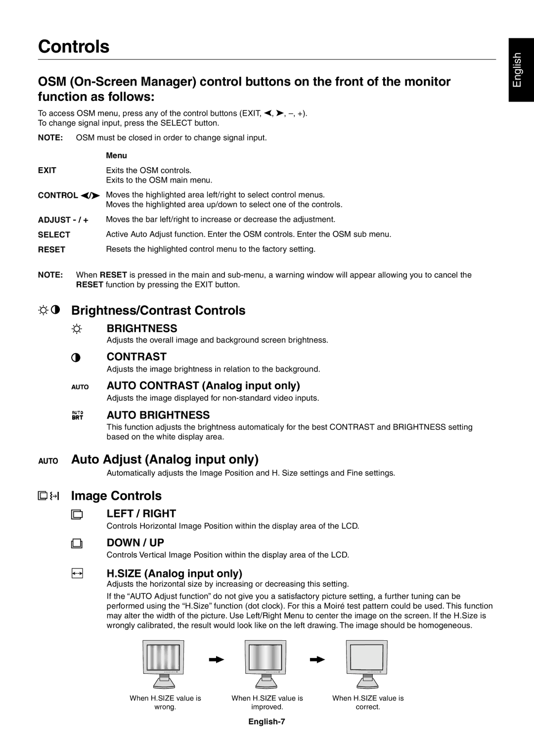 NEC LCD2080UX+ user manual Brightness/Contrast Controls, Auto Adjust Analog input only, Image Controls 