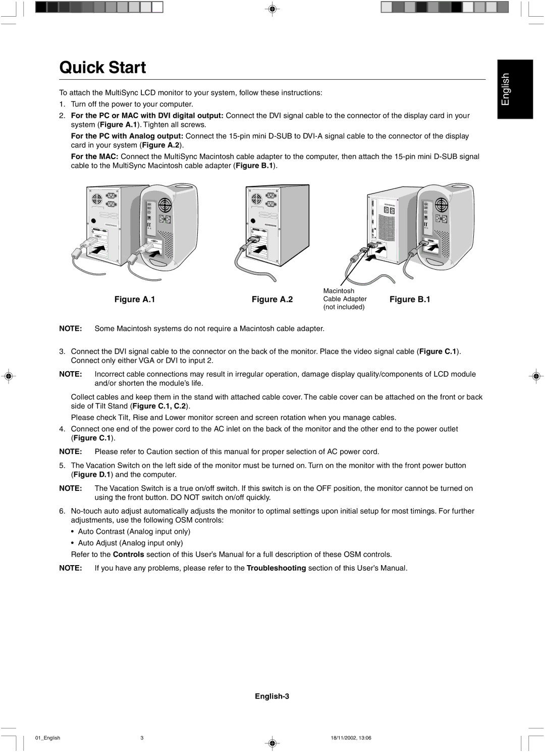 NEC LCD2080UX user manual Quick Start, English-3 