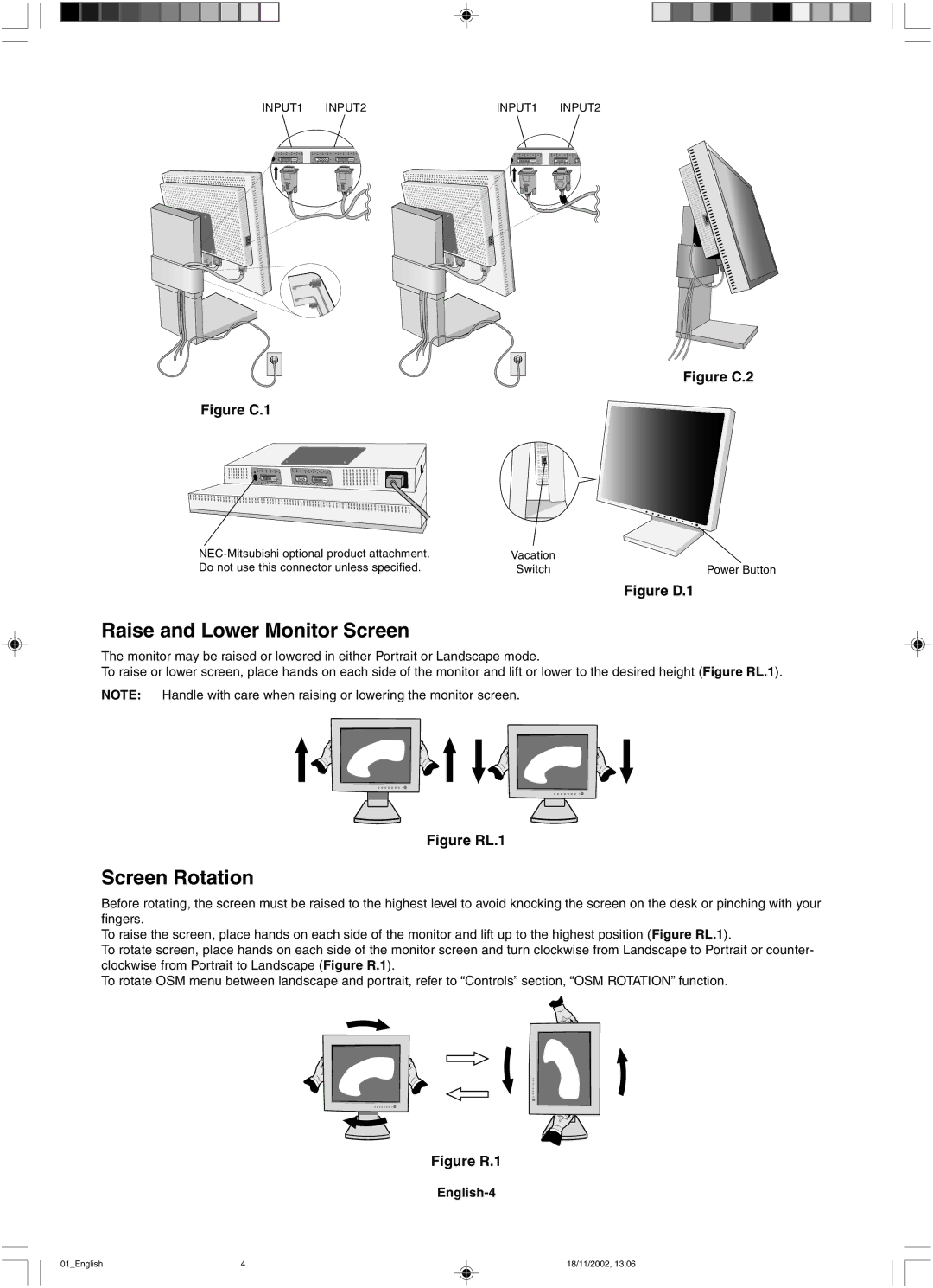 NEC LCD2080UX user manual Raise and Lower Monitor Screen, Screen Rotation, English-4 