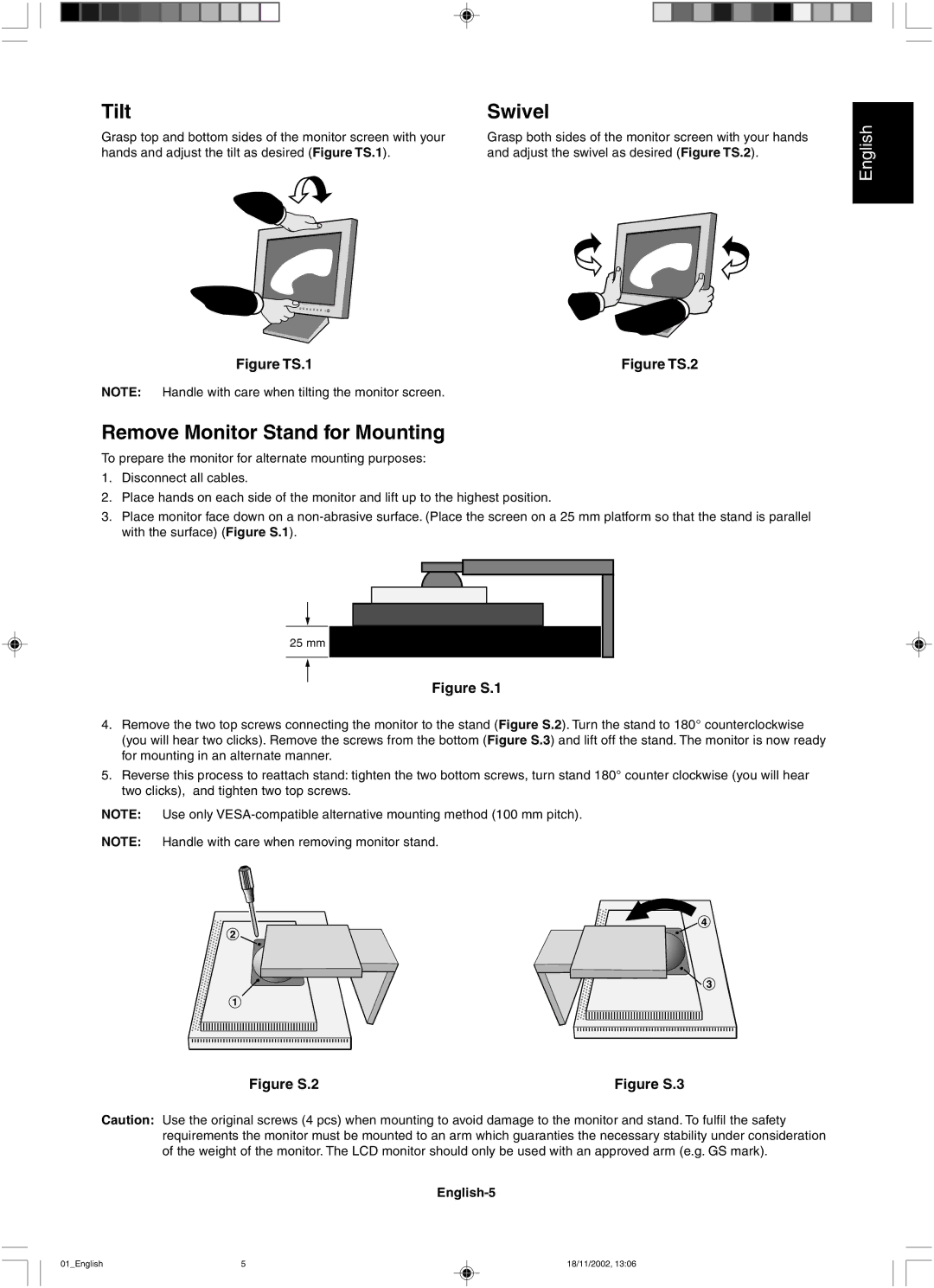 NEC LCD2080UX user manual Tilt, Swivel, Remove Monitor Stand for Mounting, English-5 