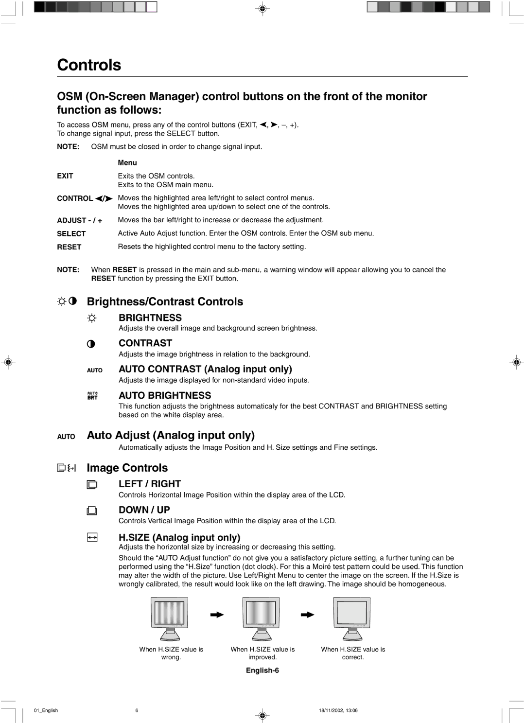 NEC LCD2080UX user manual Brightness/Contrast Controls, Auto Adjust Analog input only, Image Controls 