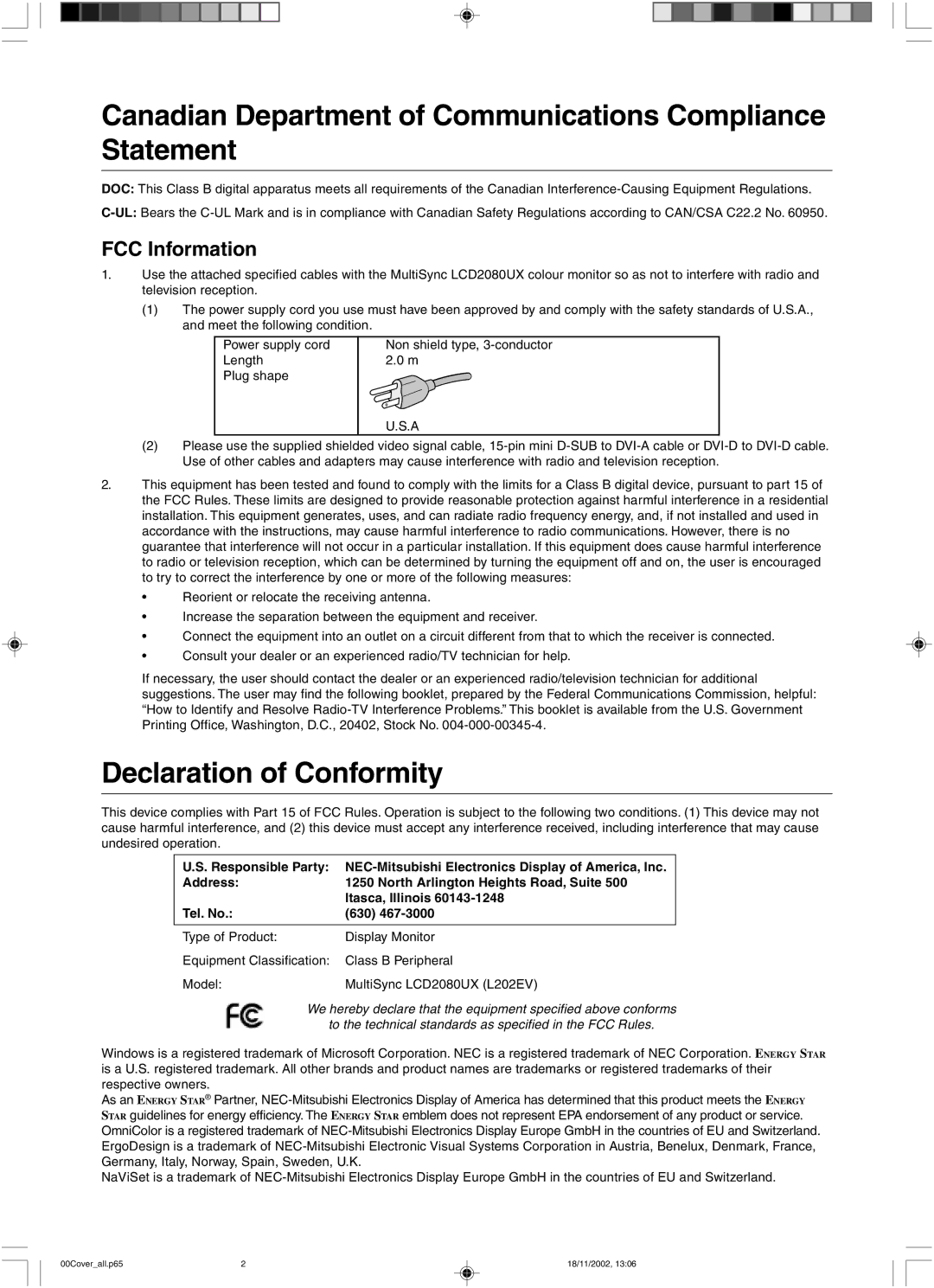 NEC LCD2080UX Canadian Department of Communications Compliance Statement, Declaration of Conformity, FCC Information 