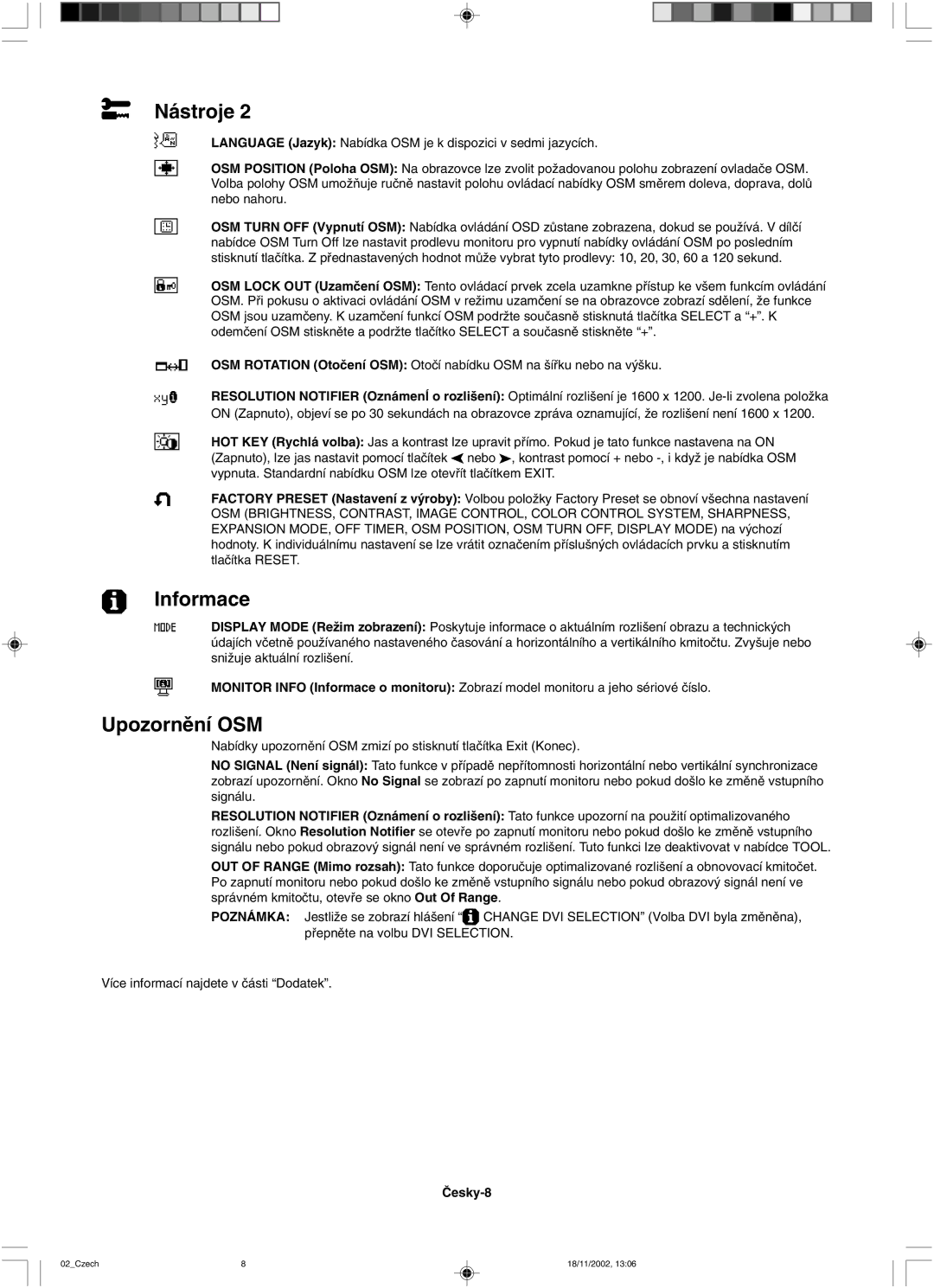 NEC LCD2080UX user manual Informace, Upozornûní OSM 