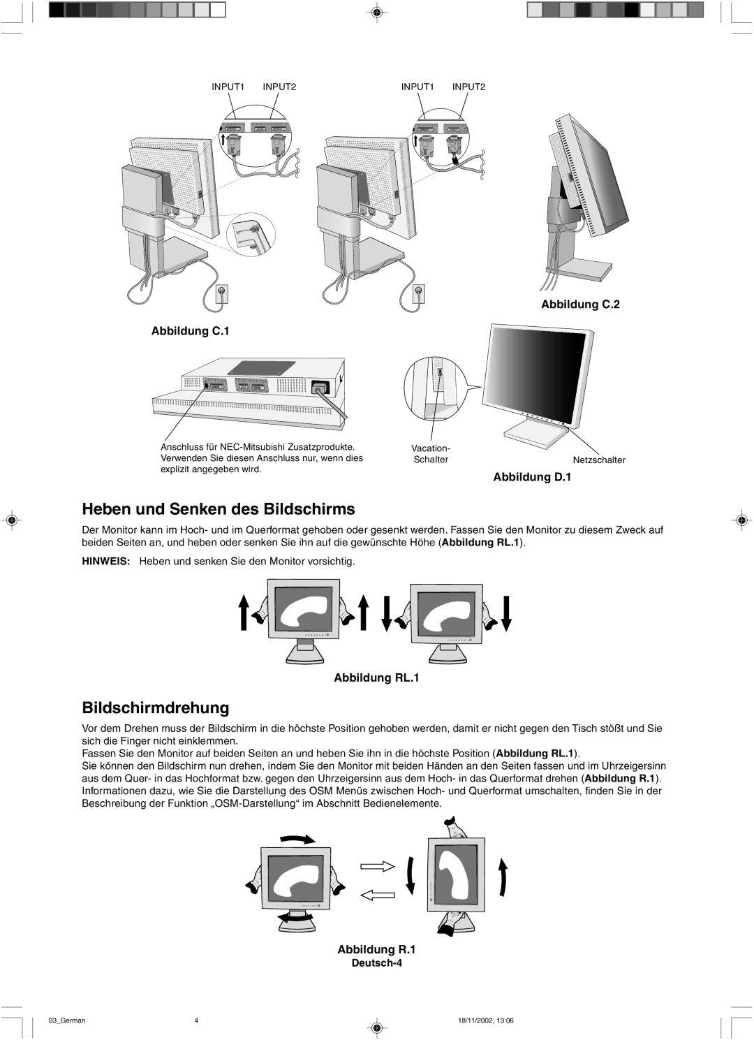 NEC LCD2080UX user manual Heben und Senken des Bildschirms, Bildschirmdrehung, Deutsch-4 