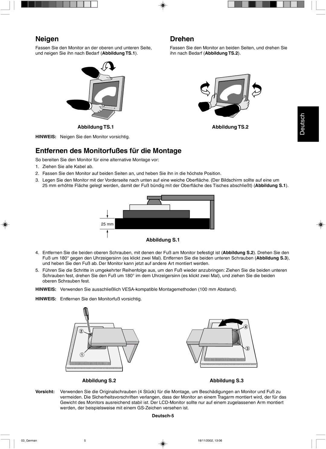 NEC LCD2080UX user manual Neigen, Drehen, Entfernen des Monitorfußes für die Montage, Deutsch-5 