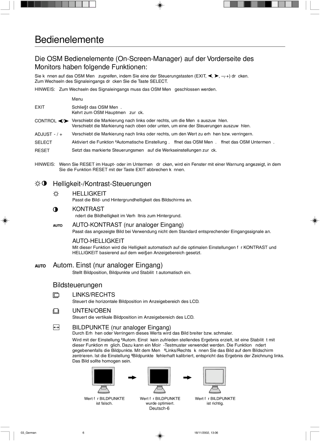 NEC LCD2080UX Bedienelemente, Helligkeit-/Kontrast-Steuerungen, Autom. Einst nur analoger Eingang, Bildsteuerungen 