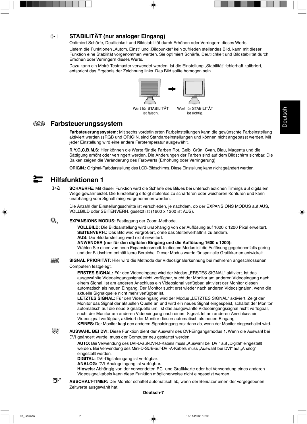 NEC LCD2080UX user manual Farbsteuerungssystem, Hilfsfunktionen, Stabilität nur analoger Eingang, Deutsch-7 