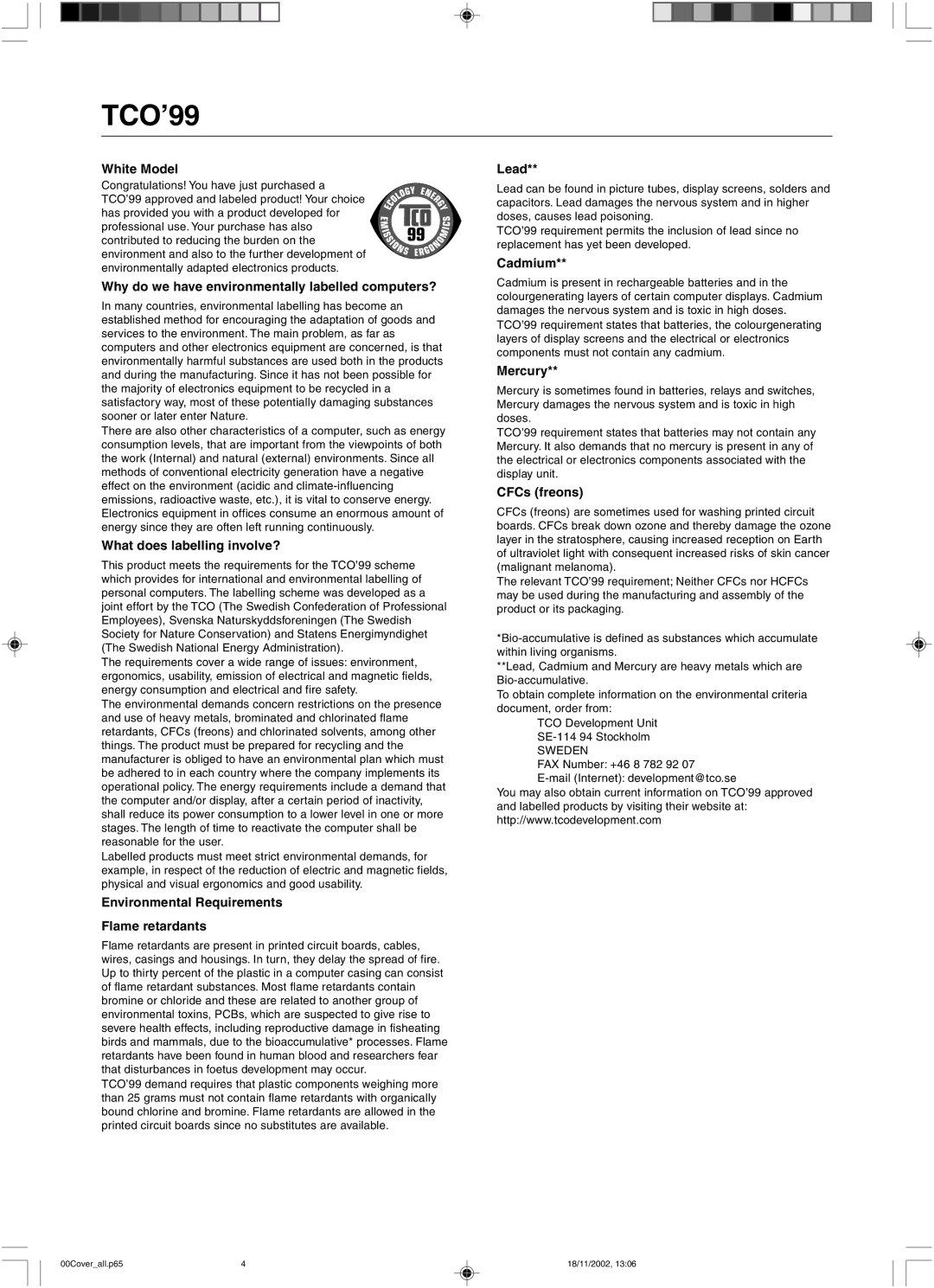 NEC LCD2080UX user manual TCO’99, White Model, Environmental Requirements Flame retardants 