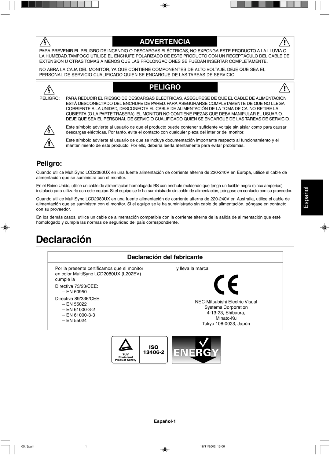 NEC LCD2080UX user manual Peligro, Declaración del fabricante, Español-1 