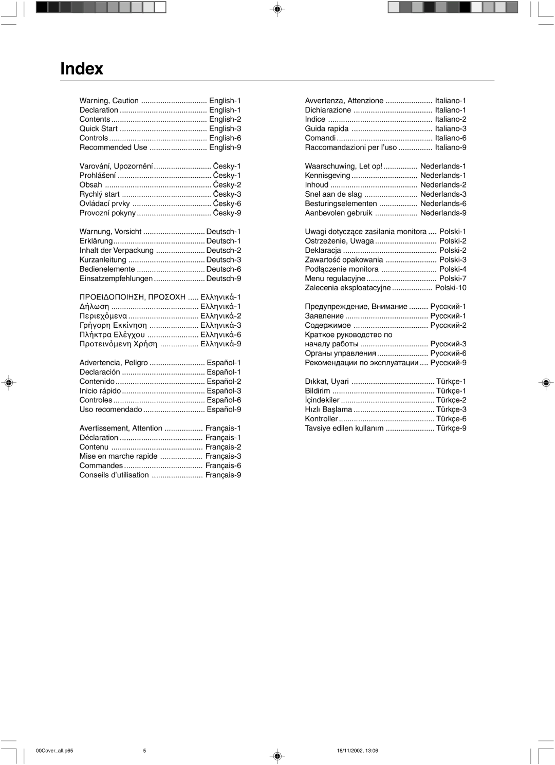 NEC LCD2080UX user manual Index, English-9 