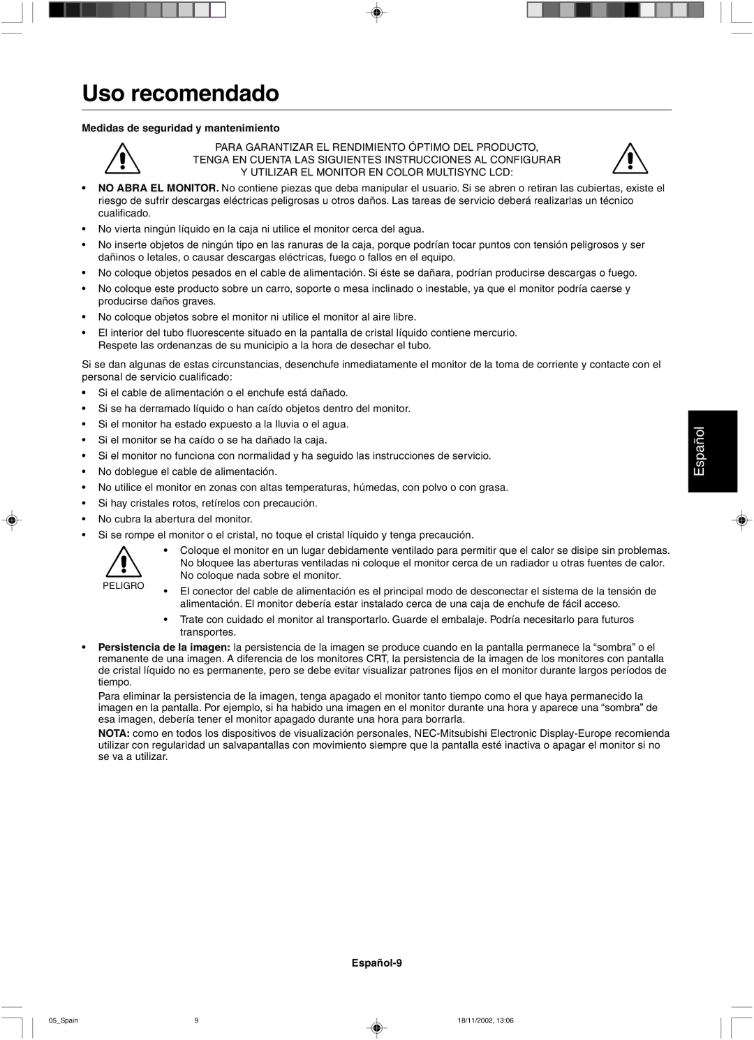 NEC LCD2080UX user manual Uso recomendado, Medidas de seguridad y mantenimiento, Español-9 