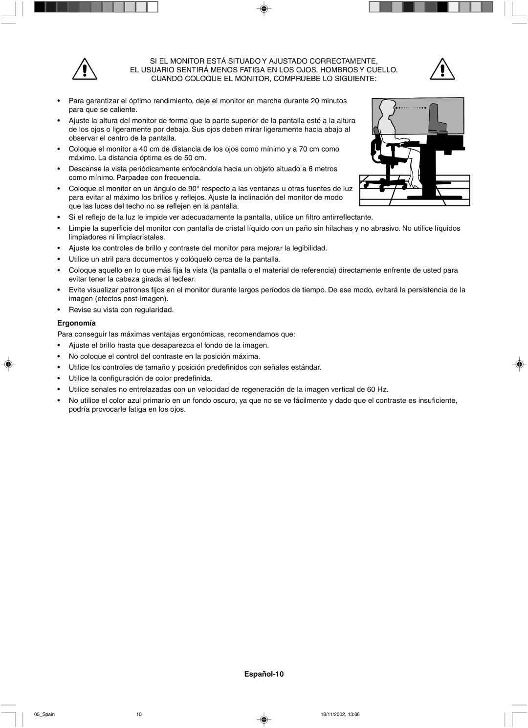 NEC LCD2080UX user manual Ergonomía, Español-10 